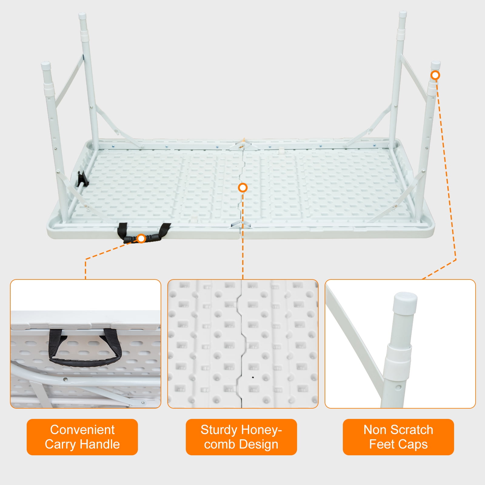 4ft White Portable Folding Table, Indoor Outdoor Waterproof HDPE Foldable Table, Triangular Reinforced 25mm Powder Coated Steel Frame, 135KG Max Load for Camping BBQ Party Exhibition