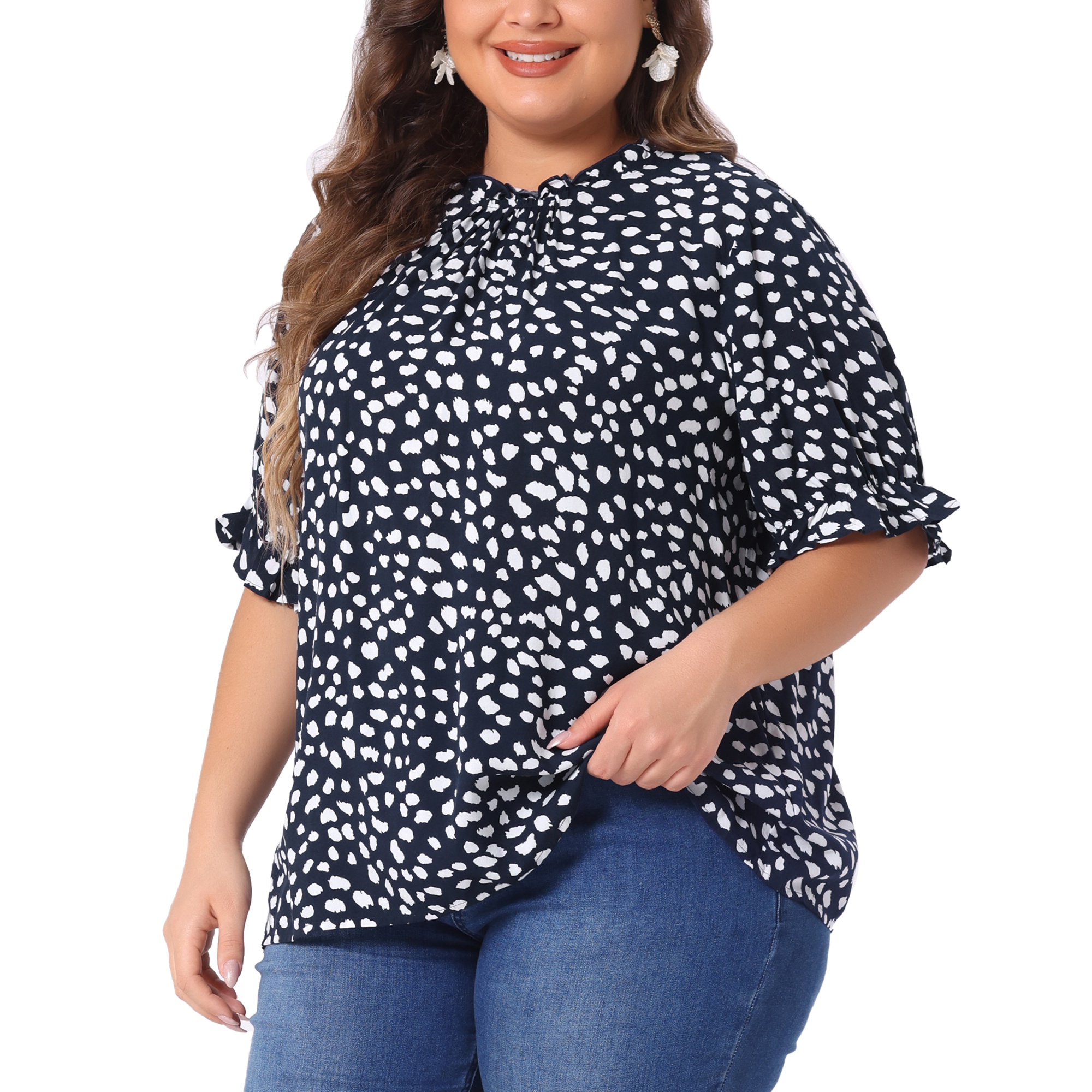 DARING DIVA Women's Plus Polka Dots Print Ruffle Hem Mock Neck Blouse 4X Navy Blue