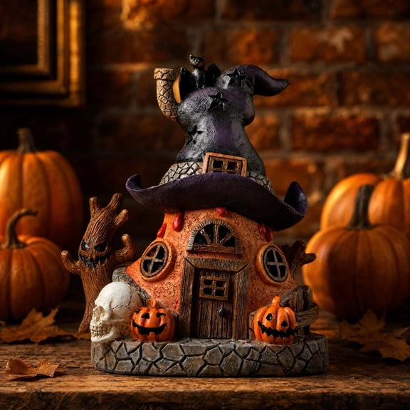Halloween Resin House Figurine, Spooky Home Decor, Ghosts Bats and Pumpkins Resin Craftsmanship Figurine for Shelf Table Or Mantel Piece