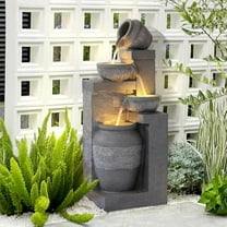 Grepatio 4-Tiers Indoor/Outdoor Garden Water Fountain, 32" H Cascading Water Feature Waterfalls Fountain with LED Lights, Outdoor Floor Standing Water Fountains for Garden, Yard, Patio, Decor (Grey)