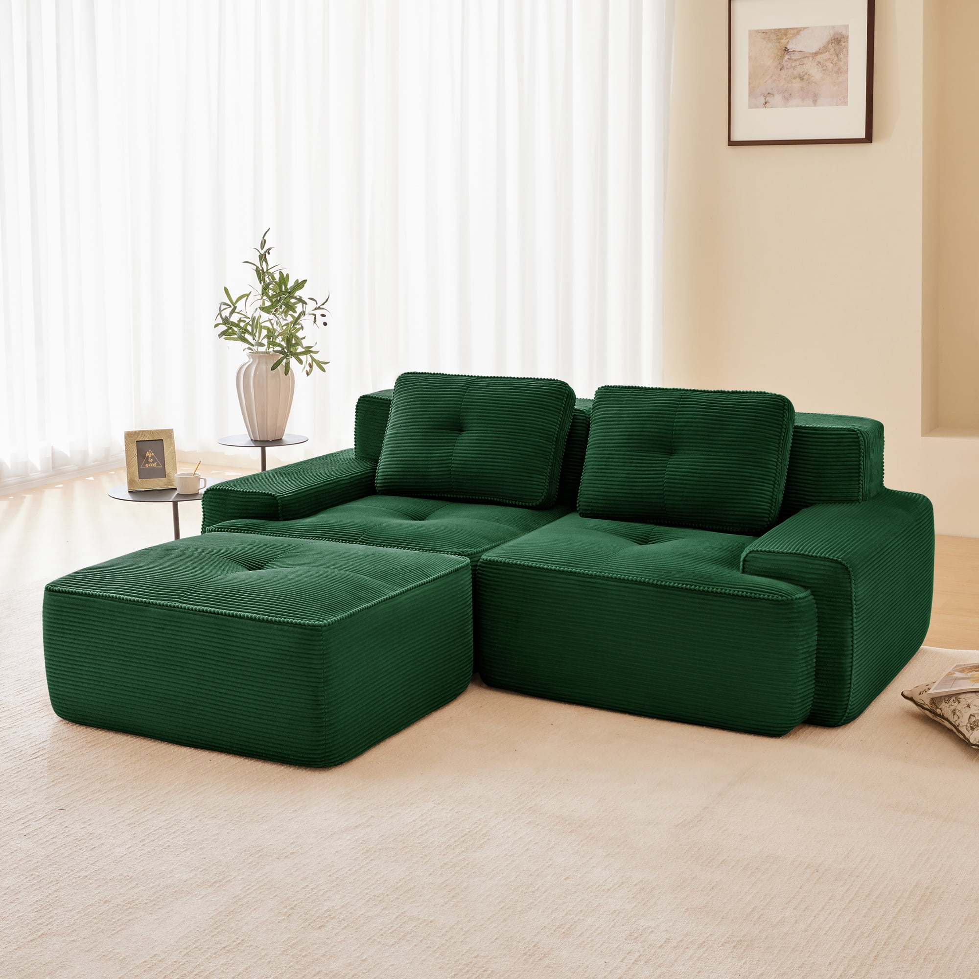 Yoneston 82" L-Shaped Modular Sectional Sofa 2 Seater Couch with Cushions and Ottoman, No Assembly Corduroy Loveseat Sofa for Living Room Bedroom Apartment, Green