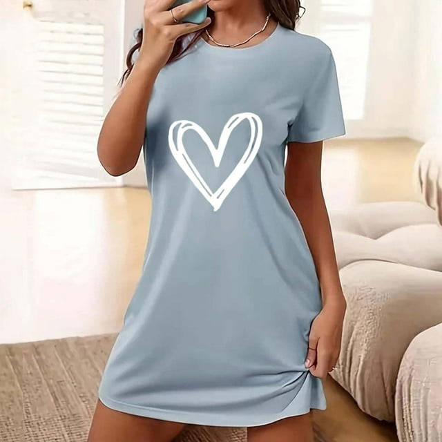 Camisón corto de poliéster para mujer, talla grande, estampado de San Valentín, cuello redondo, manga corta