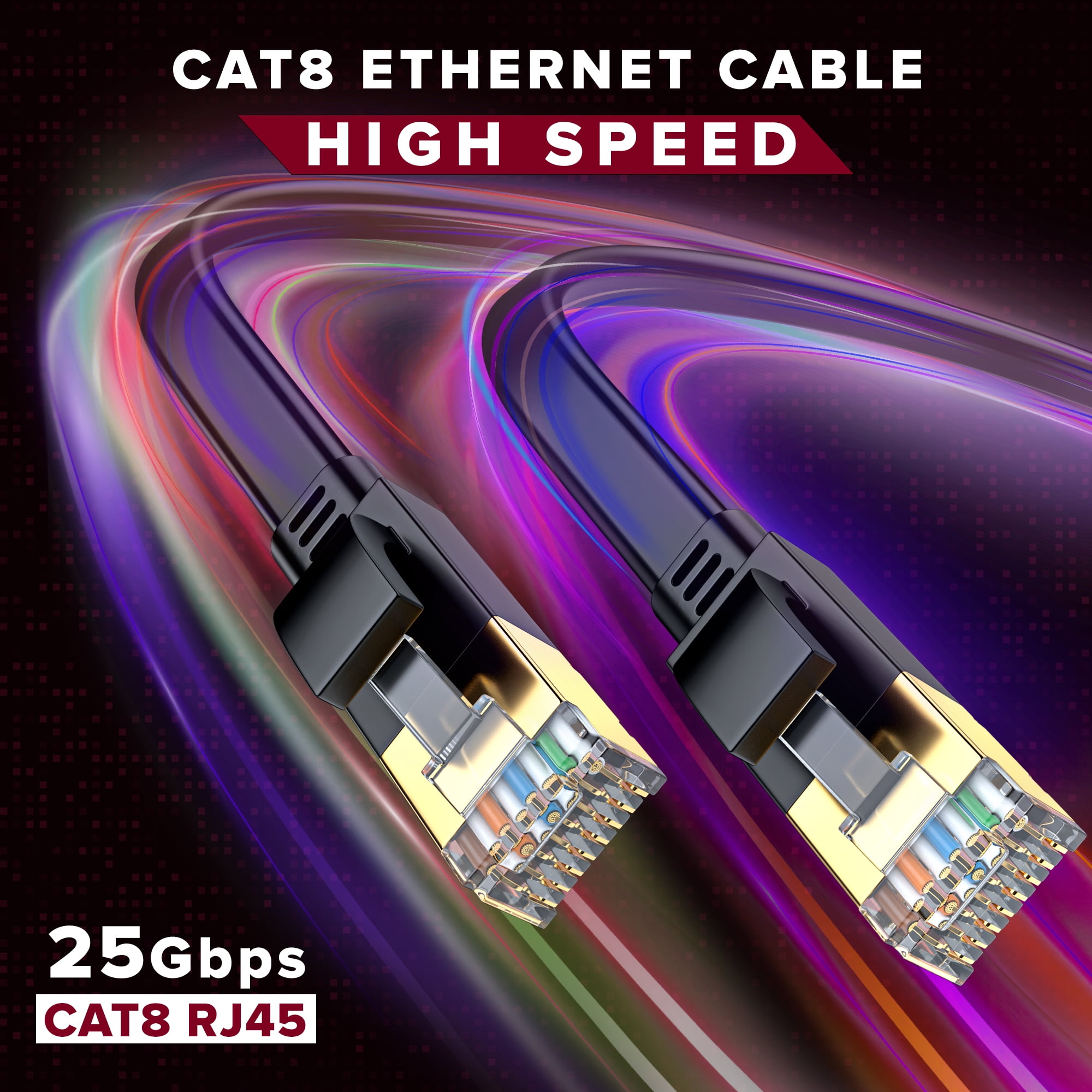 Cat 8 Ethernet Cable 35 ft, Flat Cable with Gold-Plated RJ45 Connector, LAN Internet Cable, Network Cable for Modems, Routers, High Speed, Black
