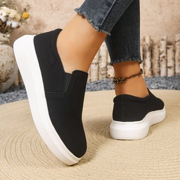 HTHLVMD Women's Slip-On Platform Sneakers, Suede Casual Walking Shoes, Round Toe Daily Wear Sneakers, Women Slip-On Platform Loafers Casual Comfortable Loafer Shoes, Black 5.5