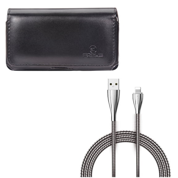 Metal USB Cable w Case Belt Clip for iPhone XR/8 PLUS/7 Plus/6S Plus/6 Plus - 6ft Charger Cord Power Wire Braided, Leather Swivel Holster Loops Compatible With iPhone XR/8 PLUS/7 Plus/6S Plus/6 Plus