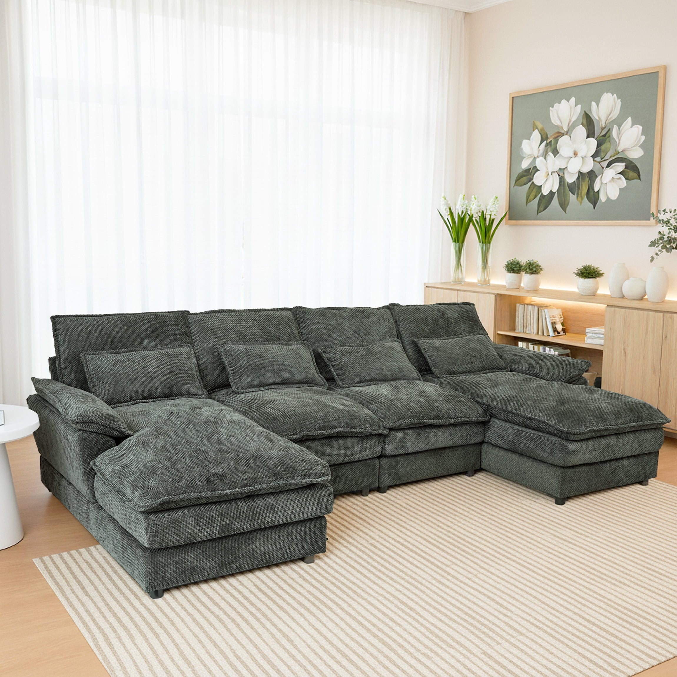 SEENYOO 110.24" U-Shaped Couch, Cloud Modular Sectional Sofa with Chenille Fabric, 4-Seat Comfy Couch for Living Room, Black-Gray