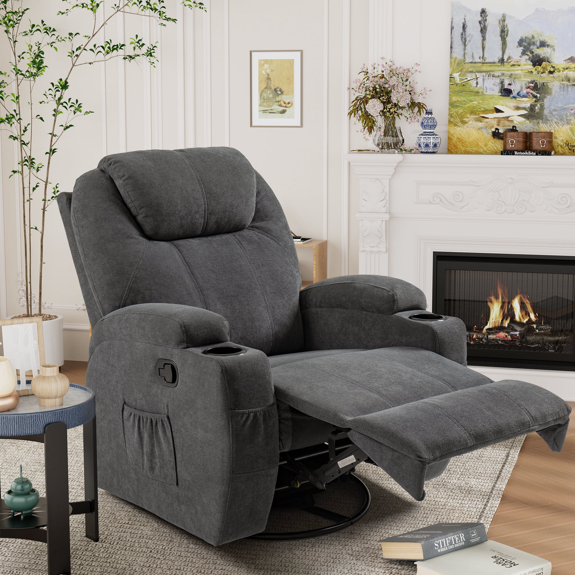Vineego Recliner,Modern Fabric Rocking Chair with Massage,360 Degree Swivel Single Sofa Seat with Drink Holder