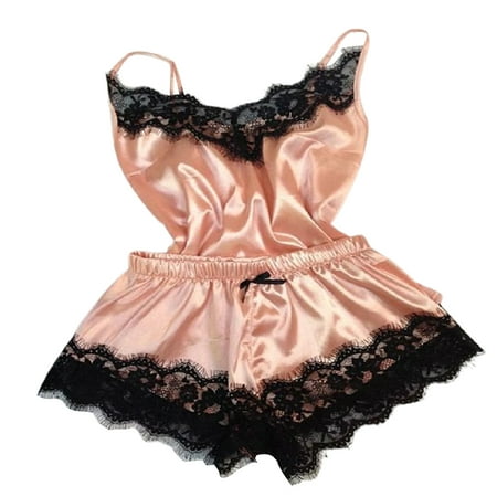 

YMH Spaghetti Strap Lace Stitching Vest Shorts Set Imitation Satin V-Neck Sleeveless Pajama Set for Wedding Night