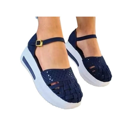 

Wazshop Ladies Wedge Sandals Thick Sole Platform Sandal Ankle Strap Mary Jane Lightweight Buckle Gladiator Shoes Women Closed Toe Comfy Blue 4.5
