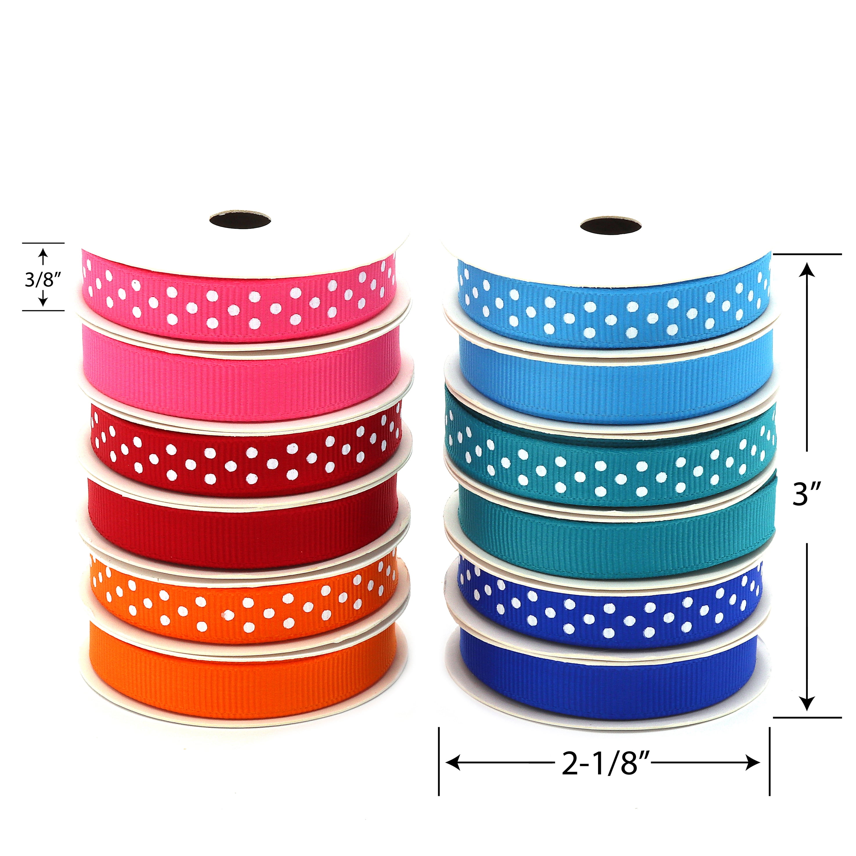 Solid and Polka Dot Grosgrain Ribbon Pack, 24 Bright Colors, 3/8