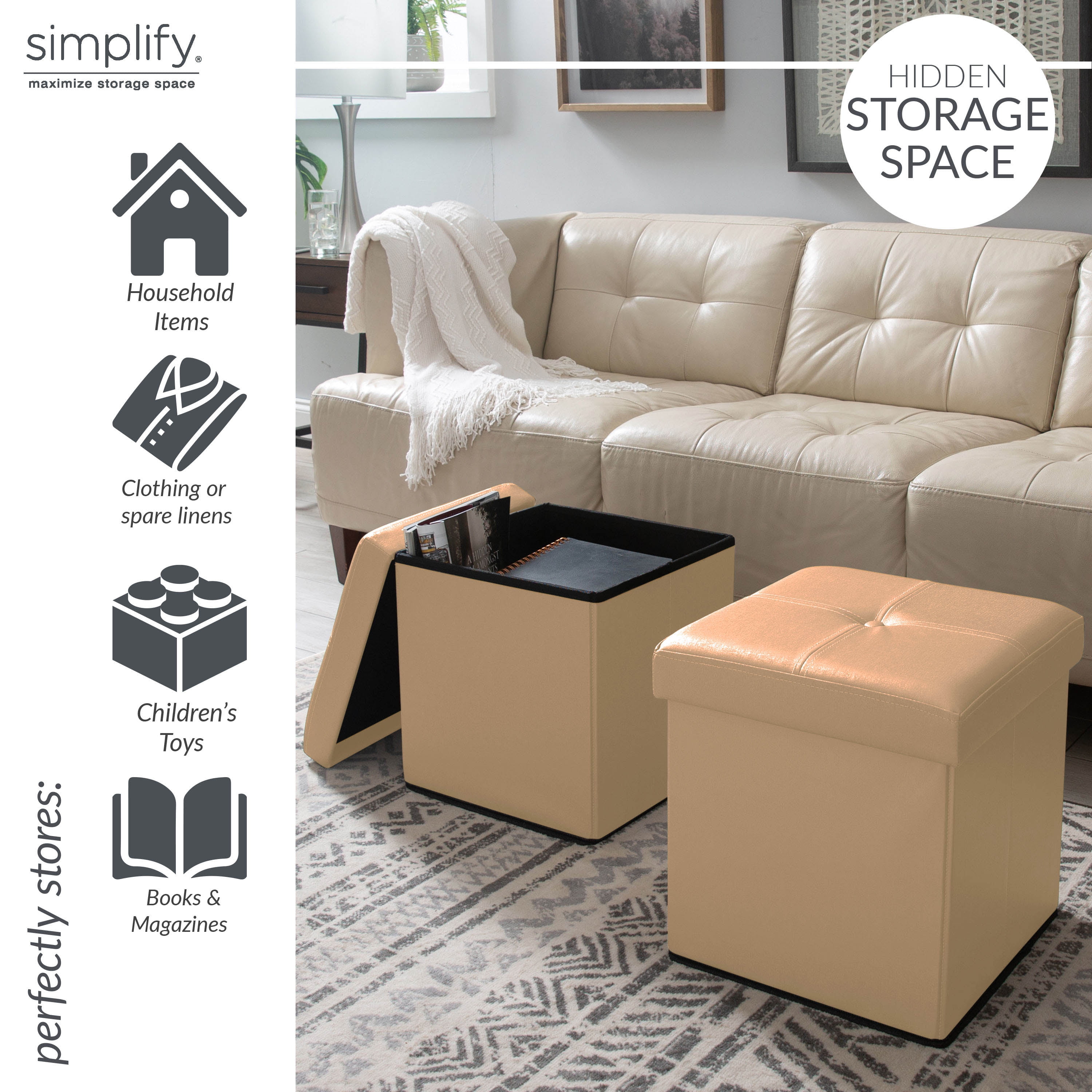 Simplify Faux Leather Folding Storage Ottoman Cube (F-0646-MET-GOLD)