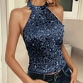 thumbnail image 2 of Arlun Women's Sequins Turtleneck Halter Tank Tops Summer Backless Embellished Sparkle Vest Lightweight Sleeveless Shiny T-Shirt for Carnival Party Blue2 S, 2 of 6