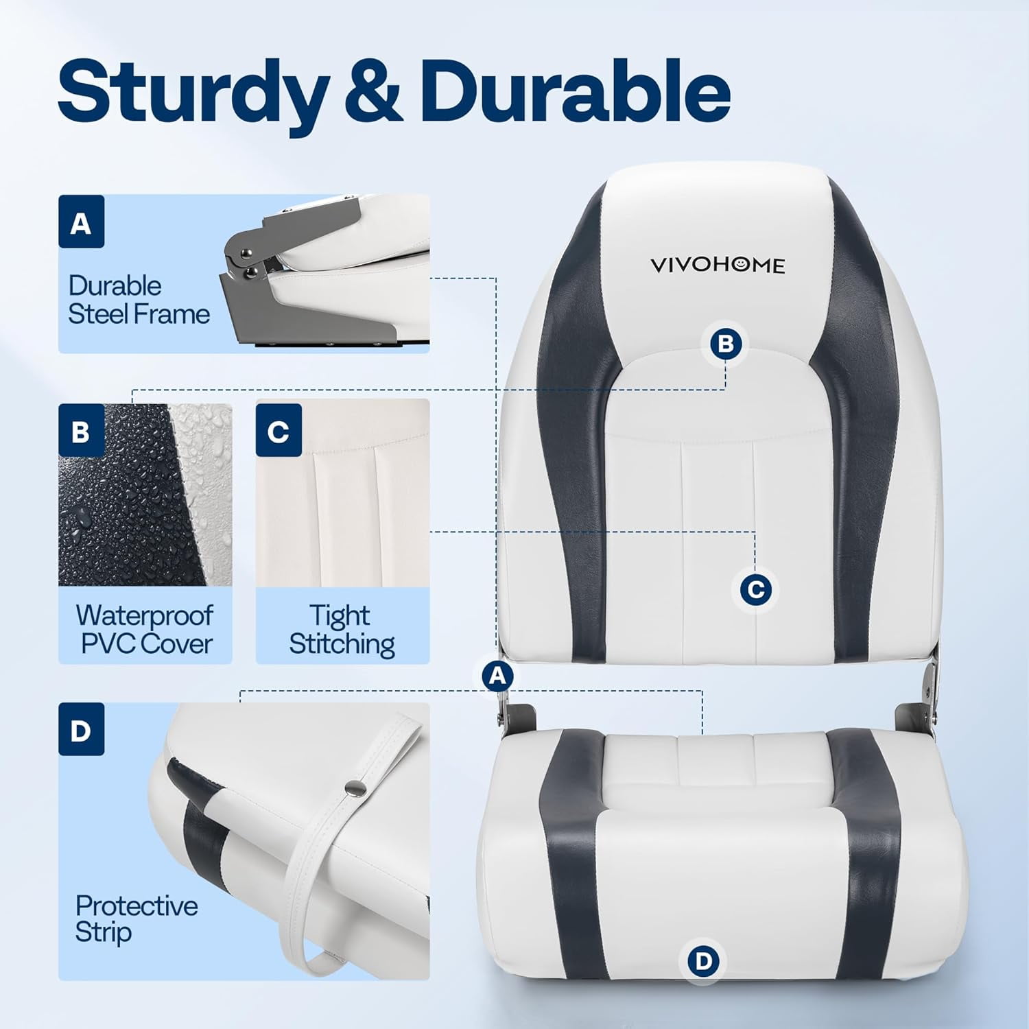 SPECSTAR Folding High Back Boat Seats 2 Pack, Waterproof Boat Captain Chairs, 4 Mounting Screws Included, White and Gray