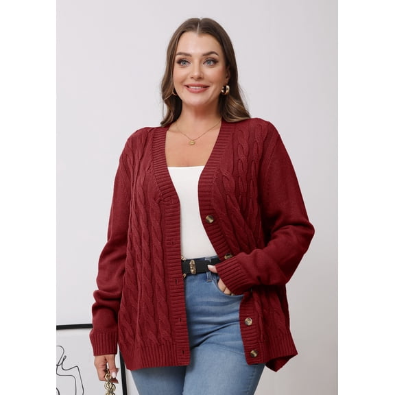 Daystry Women's Plus Size Fall Winter Long Sleeve Chunky Cable Knit Sweater Open Front Cardigan Button Loose Sweaters