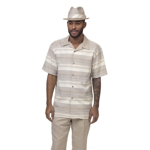 Montique Taupe Walking Suit Plaid Short Sleeve Men's Leisure Suit 1872