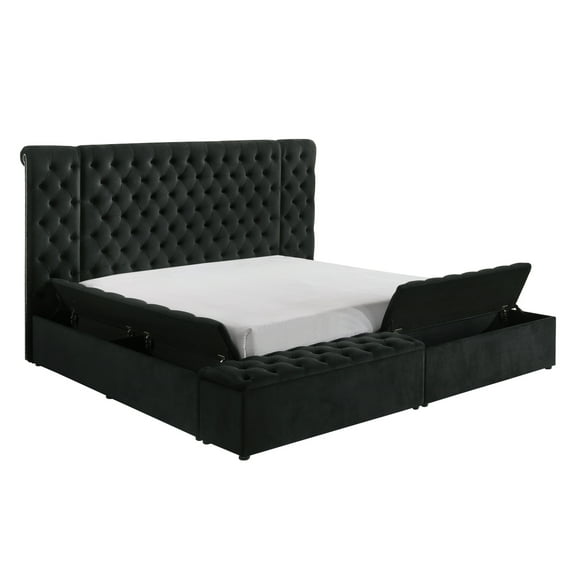 Miekor Furniture Modern Bedroom Sanctuary Black Velvet Plush Tufted Headboard Concealed Storage 1pc Queen Bed 69904