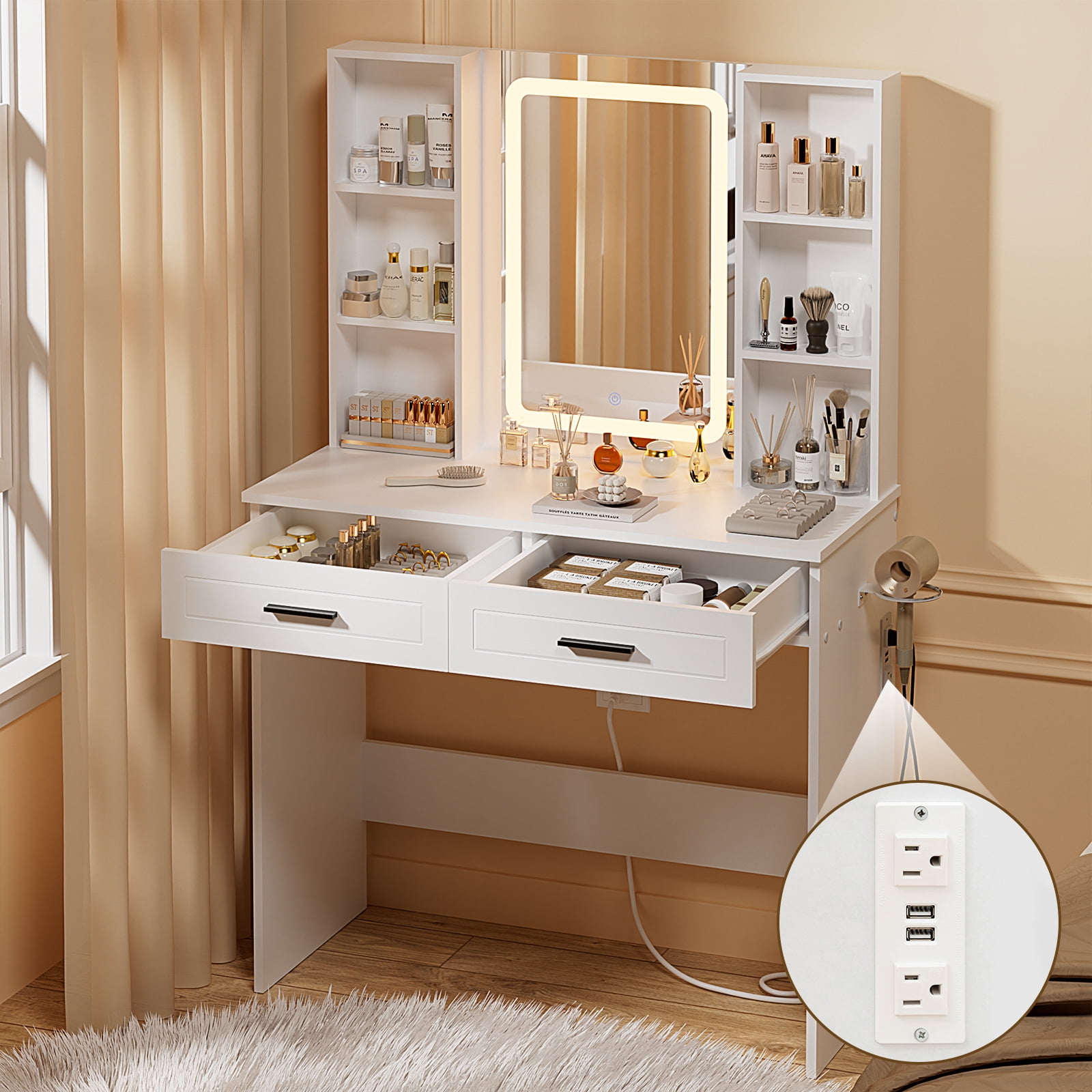 Hommpa Vanity Set with Mirror, Girls Makeup Vanity with  LED Lights, White Vanity Desk with Drawers, Vanity Table with Charging Station for Women Bedroom Storage