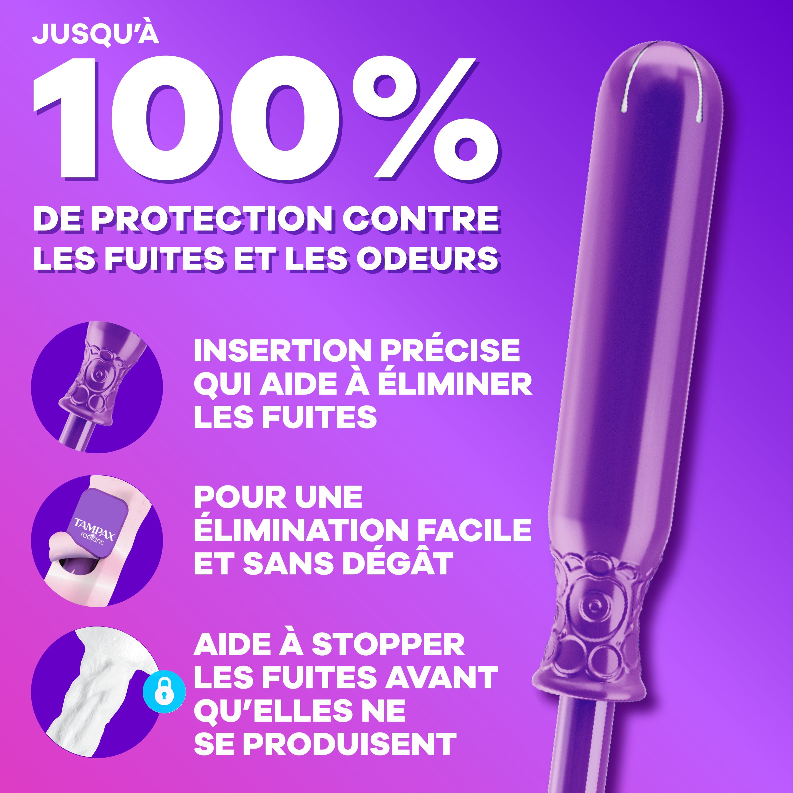 Tampons Tampax Radiant, avec tresse anti-fuites LeakGuard, degrés d’absorption régulier/super, emballage multiple, non parfumés, 28tampons 28 tampons