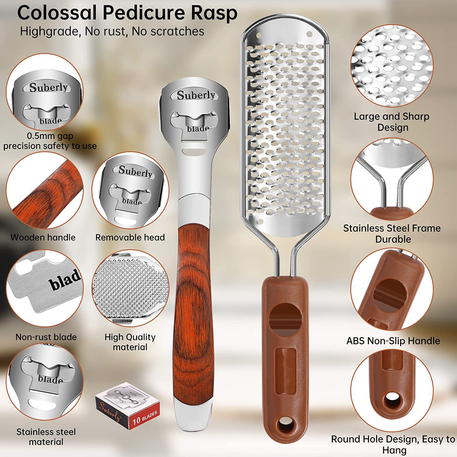 Colossal Foot Rasp & Wood Handle Callus Shaver (10 Replacement & 1