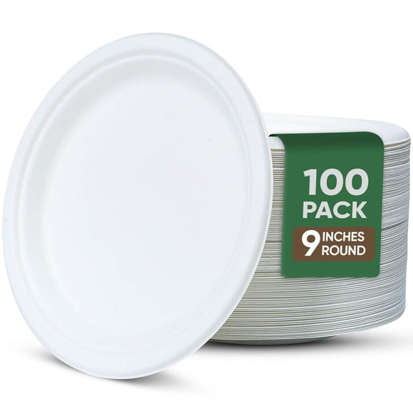 TaidMiao 9 Inch Paper Plates 100 Pack - 100% Compostable Dinnerware | Leak & Grease Resistant Disposable Plates for Parties, Microwavable, Bulk Eco-Friendly - White