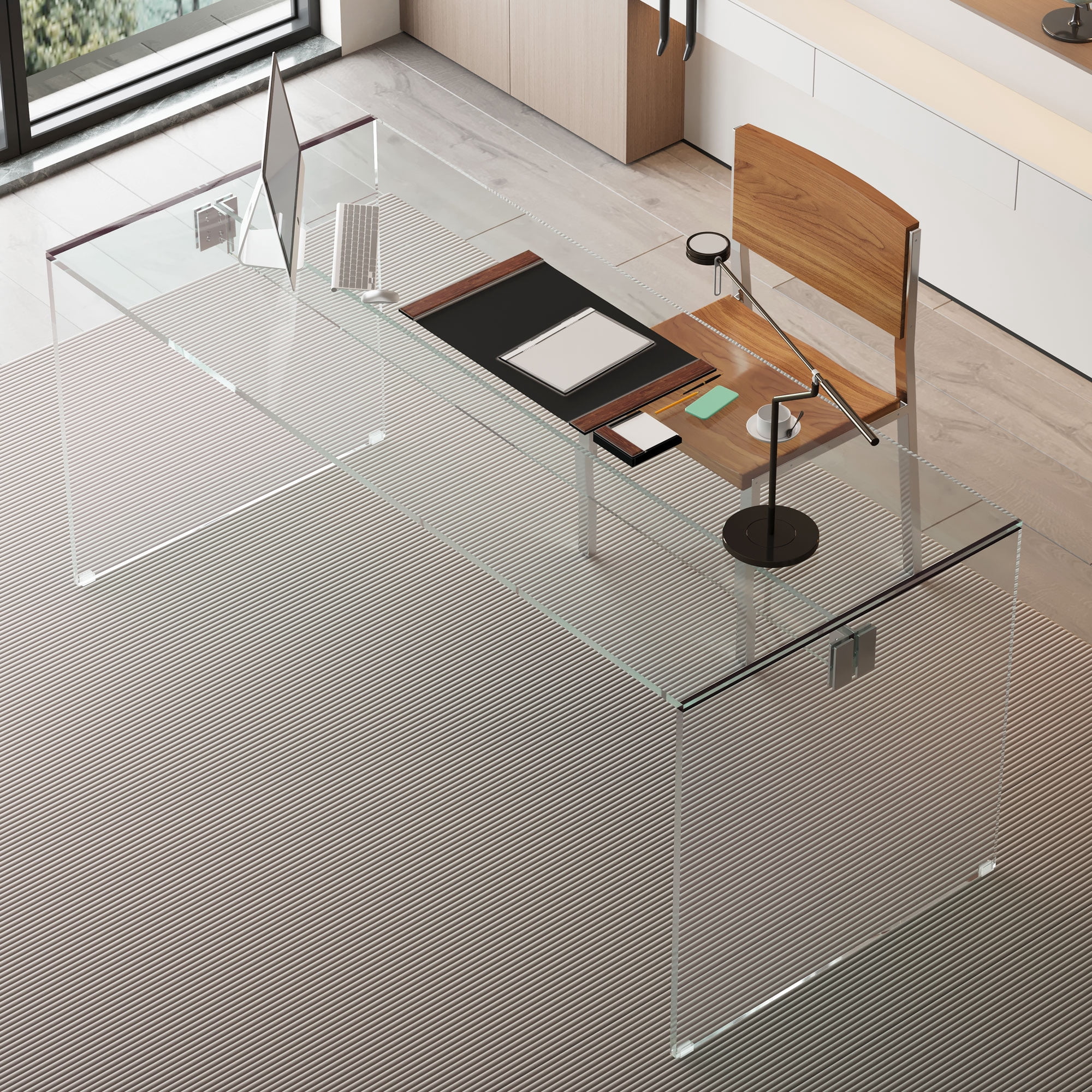 NessCarsti 53.14" Modern Tempered Glass Office Desk, Minimalist Rectangular Workstation Table, Sturdy Clear Design for Home Office & Living Room