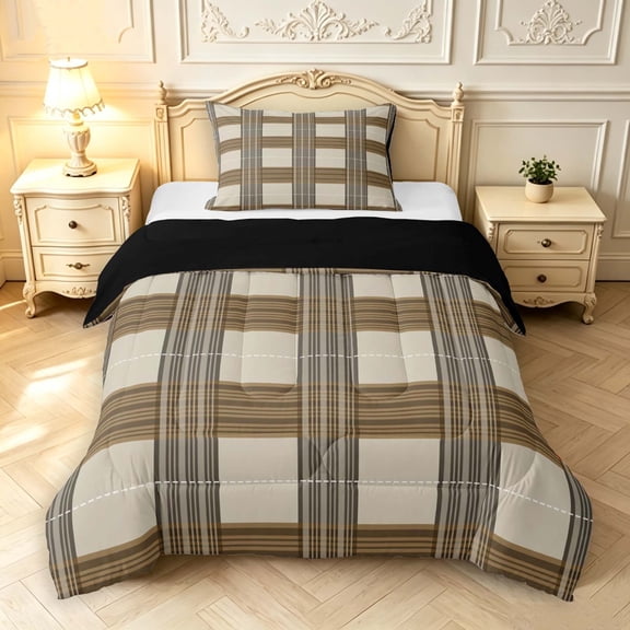 Manfei Retro Grid Twin Comforter Sets,Classic Plaid Bedding Set,Brown Gray,Black Reversible,2-Piece,1 Comforter and 1 Pillowcase,2-Piece,1 Comforter and 1 Pillowcase