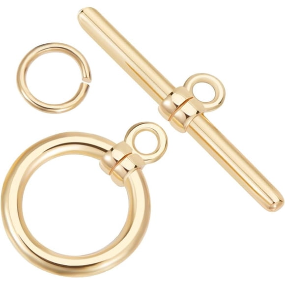 1 Box 10Pcs T-bar Closure Connectors 18K Gold Plated Smooth Ring Toggle Clasp End Clasps Connector Sets with 20Pcs Open Jump Rings for DIY Jewellery Making Necklace Bracelet