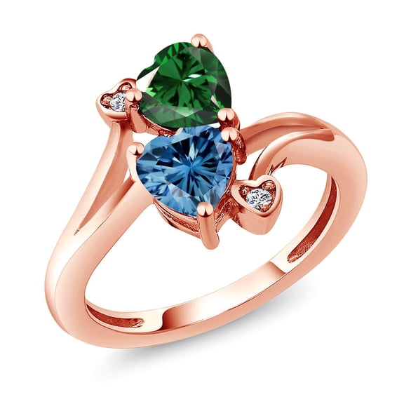 Gem Stone King 18K Rose Gold Plated Silver Green Nano Emerald Persian Blue Moissanite and White Diamond Ring for Women (1.53 Cttw, Heart Shape 6MM, Gemstone May Birthstone, Size 6)