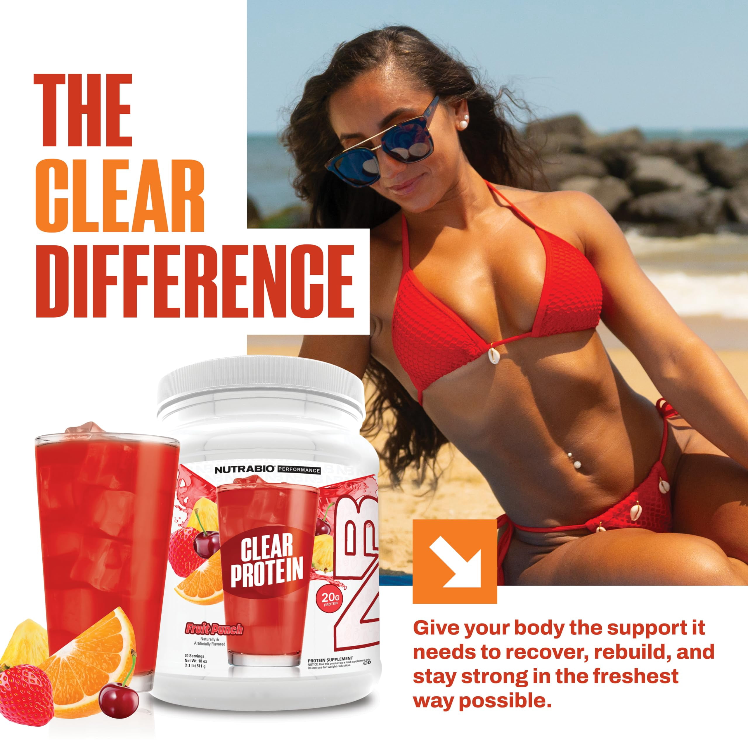 NutraBio Clear Whey Isolate Protein Powder, Delicious & Refreshing Fruit Flavors, Protein Juice, No Milky Taste, No Foam, Zero Sugar, Fruit Punch, 20 Servings