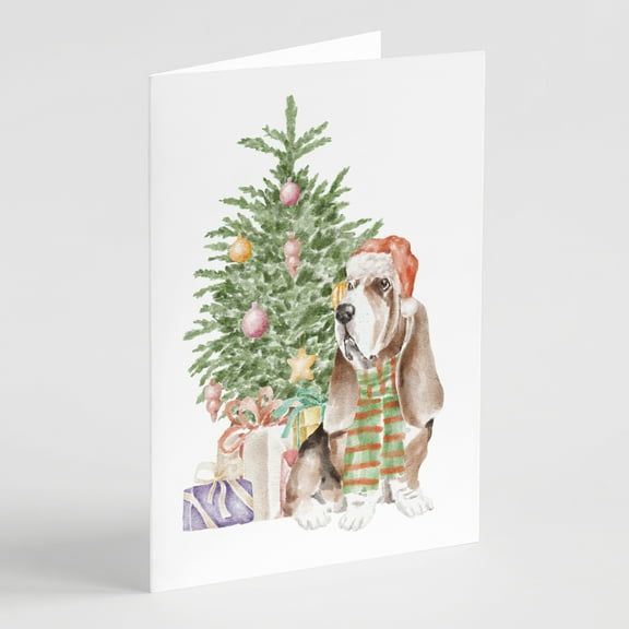 Carolines Treasures CK8225GCA7P Basset Hound Design3 Christmas Presents and Tree Greeting Cards and Envelopes Pack of 8