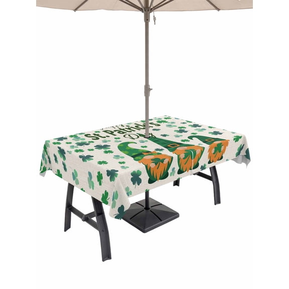 St Patricks Day Outdoor Tablecloth - 60x120 Inch Rectangle Dining Table Cover, Green Shamrock Spring Watercolor Gnomes Beige Waterproof Outdoor Table Cloth with Umbrella Hole & Zipper for Patio