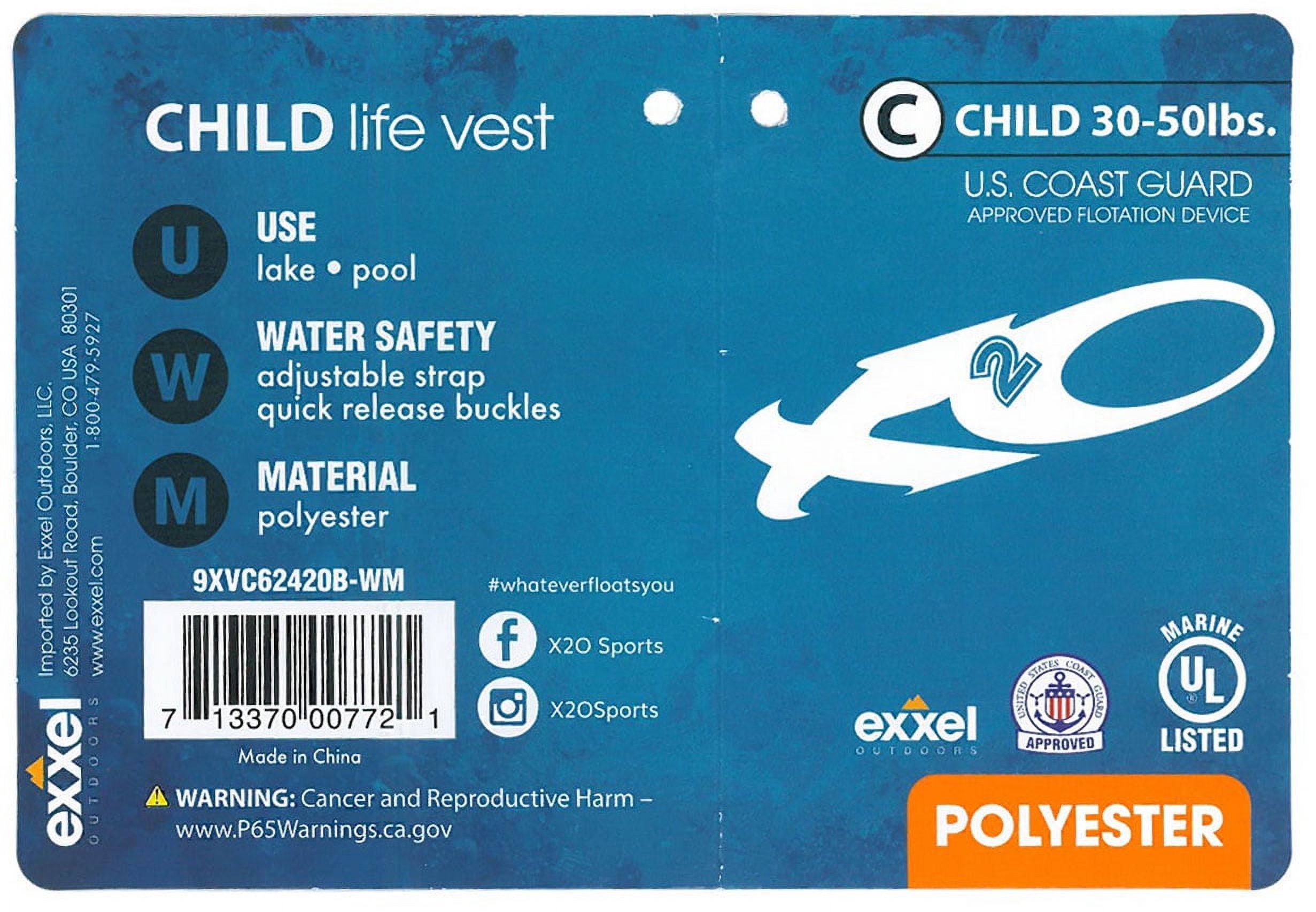 X2O Universal Child Open-Sided Life Vest and Jacket, 30lbs – 50lbs, Blue, Unisex