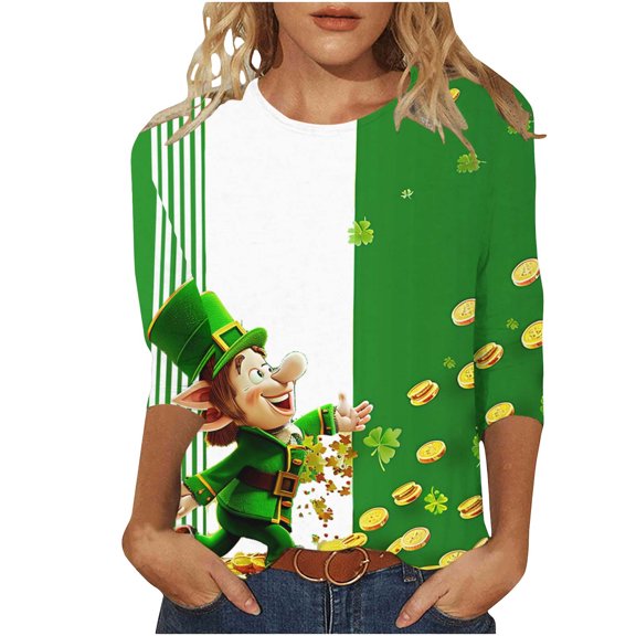 St Patricks Day Shirt Women 3/4 Sleeve Round Neck Blouse Clover Graphic T Shirt Holiday Going Out Tops Saint Patricks Day Outfit