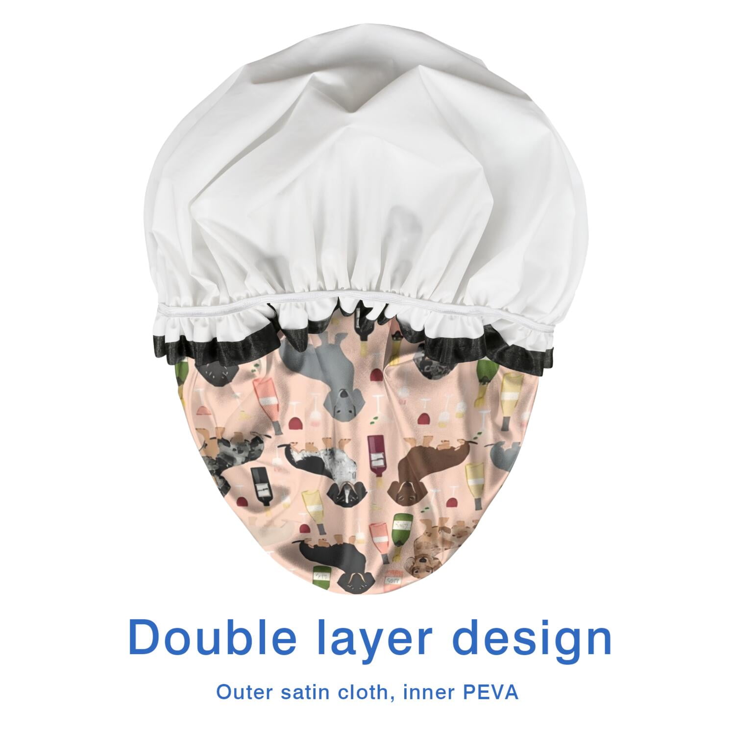 Shower Caps,Black Cute Dachshund Dog and Wine Waterproof Shower Cap for Women 4 Pieces,Double Reusable Hair Cover for Shower PEVA Elastic Stretch Hem