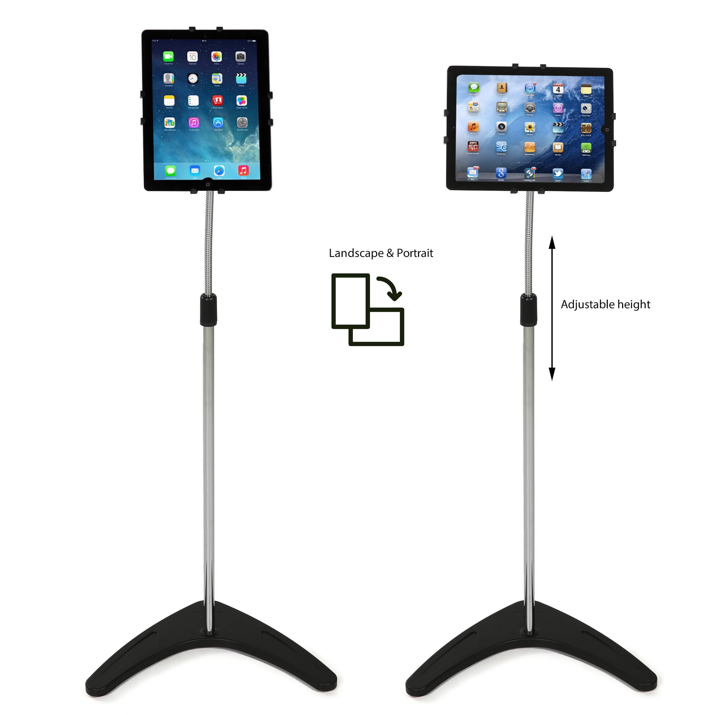 M&T Displays Floor Standing Silver Tablet E-Reader Drawing Pad Stand Flexible Head Adjustable Height Mobile Device Holder