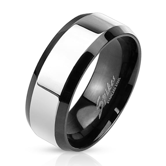 8mm Glossy Center with Beveled Edge Two Tone Stainless Steel Band Men's Ring (SIZE: 10)
