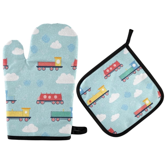 Yayeee Oven Mitts and Pot Holder Set of 2 Heat Resistant Kitchen Gloves Baking Hot Pad, Blue Trains Pattern
