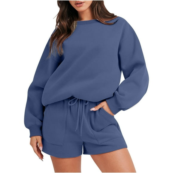 Women Sweatsuit Shorts Set, Women's 2 Piece Outfits Fall Tracksuit, Oversized Casual Long Sleeve Crew Neck Pullover Sweatshirts Elastic Waist Shorts Matching Sets Navy