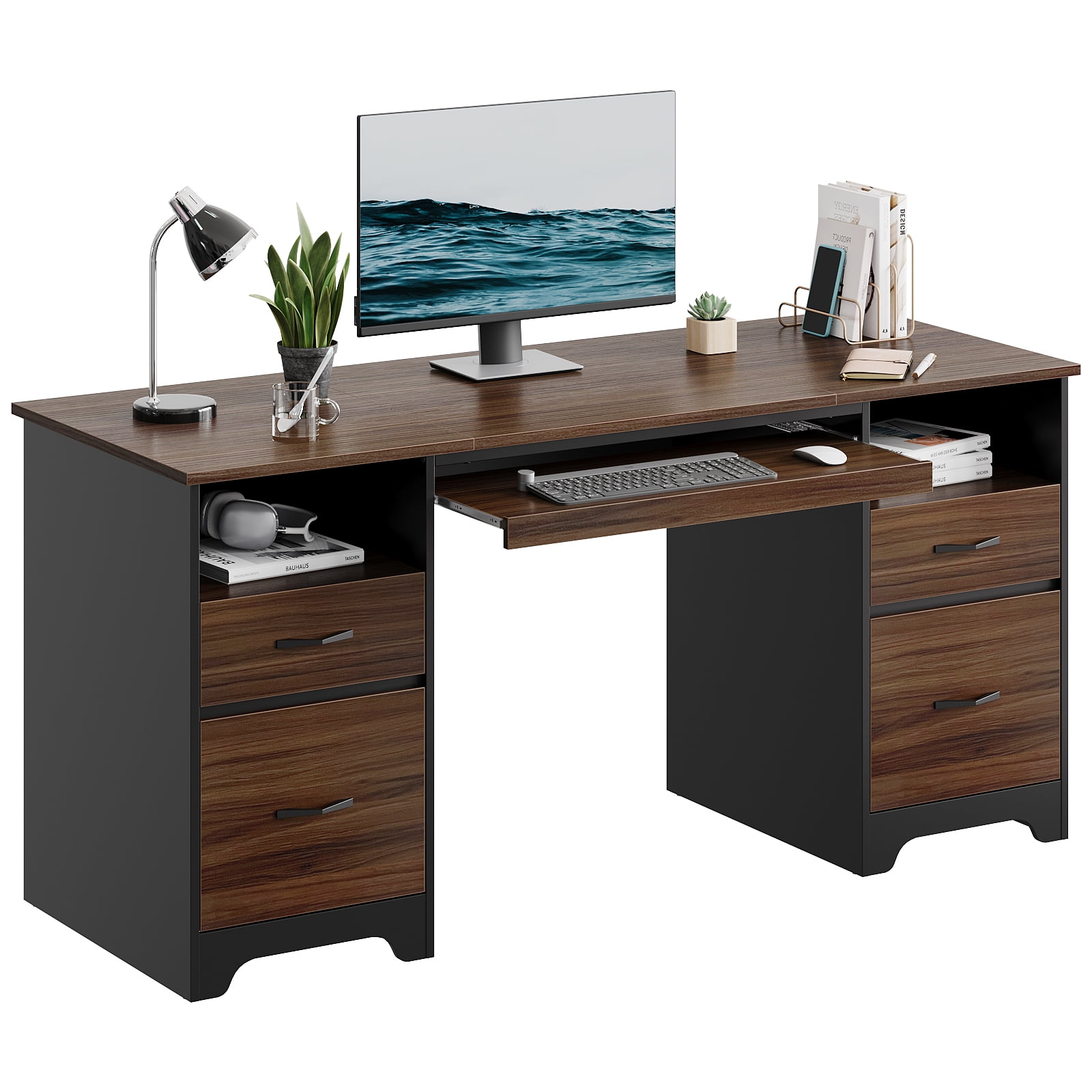 Bestier 59” Computer Desk with 4 Drawers, Office Executive Desk with File Drawer, Keyboard Tray for Home Office, Cheery