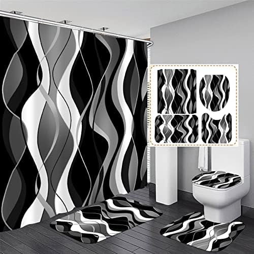 4 Pcs Black and White Striped Shower Curtain Set Black and Grey Bathroom Sets with Shower Curtain and Rugs Modern Home Bathroom Decor Shower Curtains with Rugs and Toilet Lid Cover