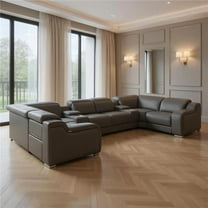 HomeRoots 632567 Dark Gray Italian Leather Power Reclining U Shaped 8 Piece Corner Sectional with Console