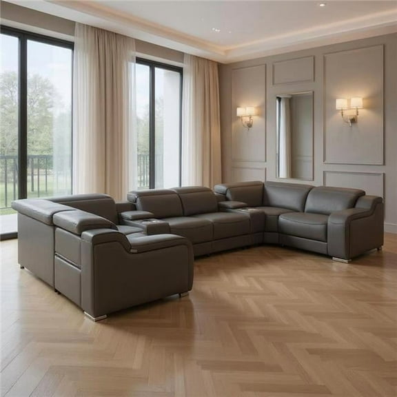 HomeRoots 632567 Dark Gray Italian Leather Power Reclining U Shaped 8 Piece Corner Sectional with Console