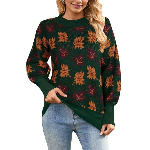 Women'S Fall Leaf Trendy Jacquard Sweater Casual Knitted Soft Cozy Pullover Sweaters Green M
