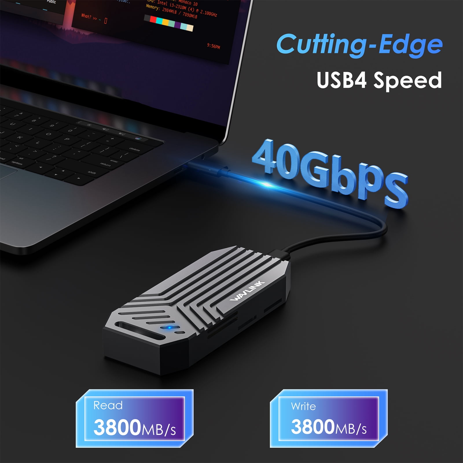 WAVLINK 40Gbps USB4 NVMe SSD Enclosure - Thunderbolt 4/USB4 Compatible, 8TB Support, 3800MB/s Speed, Aluminum Cooling Fan for M.2 PCIe NVMe 2280 SSD (Mac/Windows/Linux)