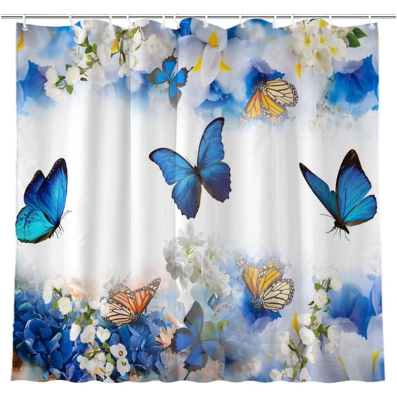 Butterfly Shower Curtain for Bathroom, Blue and White Flower Bath Waterproof Curtain Decor, Butterfly Floral Bathtubs Curtain Fabric with 12 Hooks 72x72 inches