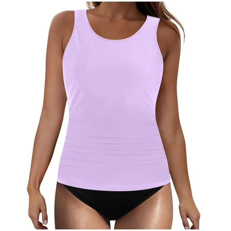 UTSJKR $10 & under Tankini Swimsuits for Women Tummy Control Two Piece Bathing Suit Modest Ruched Athletic Swimwear with Bikini Bottom Triangle Shorts Purple L