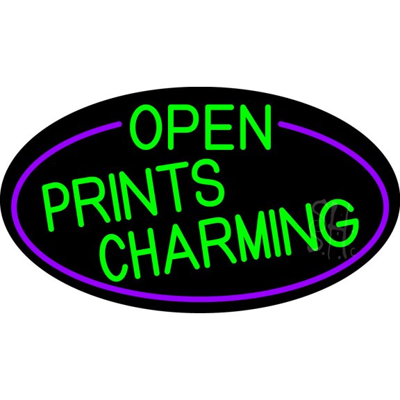 Green Open Prints Charming Oval With Purple Border LED Neon Sign 13 x 24 - inches, Clear Edge Cut Acrylic Backing, with Dimmer - Bright and Premium built indoor Neon Sign for storefront.