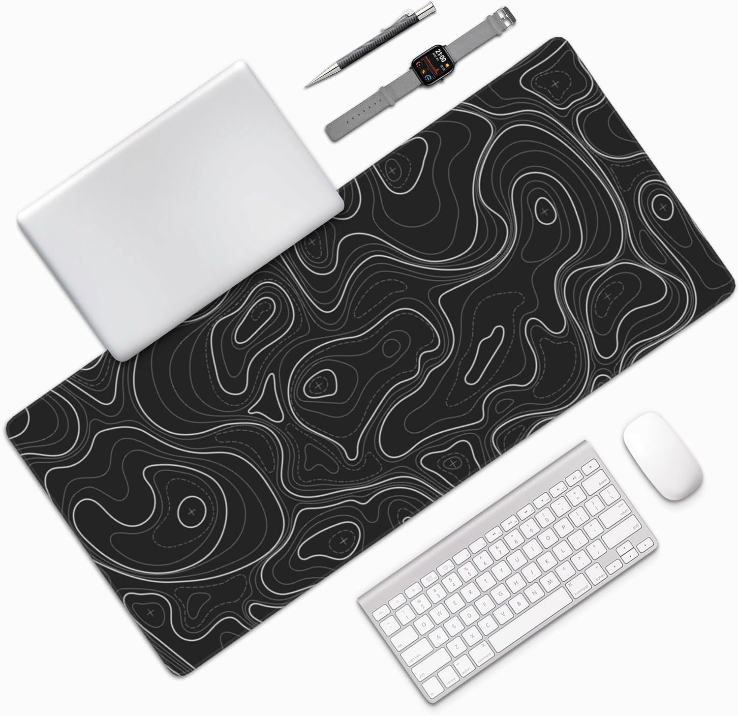 Large Gaming Mouse Pad Black Topographic Contour Mouse Pad with Stitched Edges & Nonslip Rubber Base Extended XXL Long Mousepad Big Desk Mat for Company Office Work, 35.4 x 15.7 in