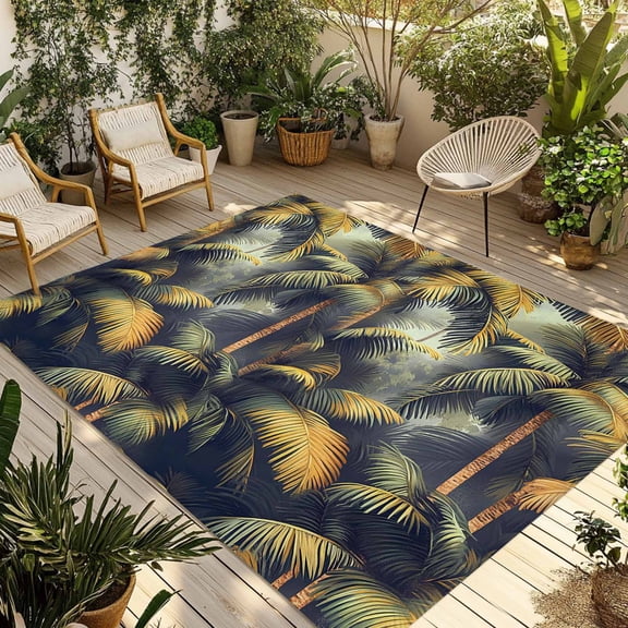 Fsddascl Tropical Plant Outdoor Rug for Patio/Deck/Porch, Non-Slip Large Area Rug 5 x 8 Ft, Summer Botanical Palm Tree Leaves Retro Indoor Outdoor Rugs Washable Area Rugs, Camping Rug Carpet