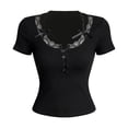 thumbnail image 4 of RMGVDSD T Shirts for Women V Neck Blouses Lace Slim Fit Cropped Short Sleeve T Shirt Basic Layering Tops Trendy Casual Outfits Basic Tshirts, 4 of 6